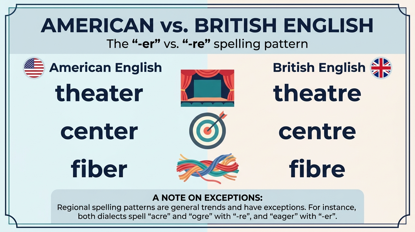 Educational graphic comparing American -er spellings with British -re spellings in theater, center, and fiber.