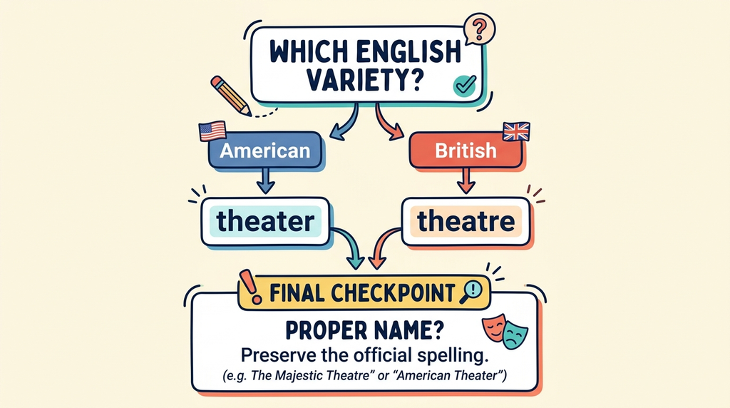 Flowchart for choosing theater in American English or theatre in British English while preserving official names.