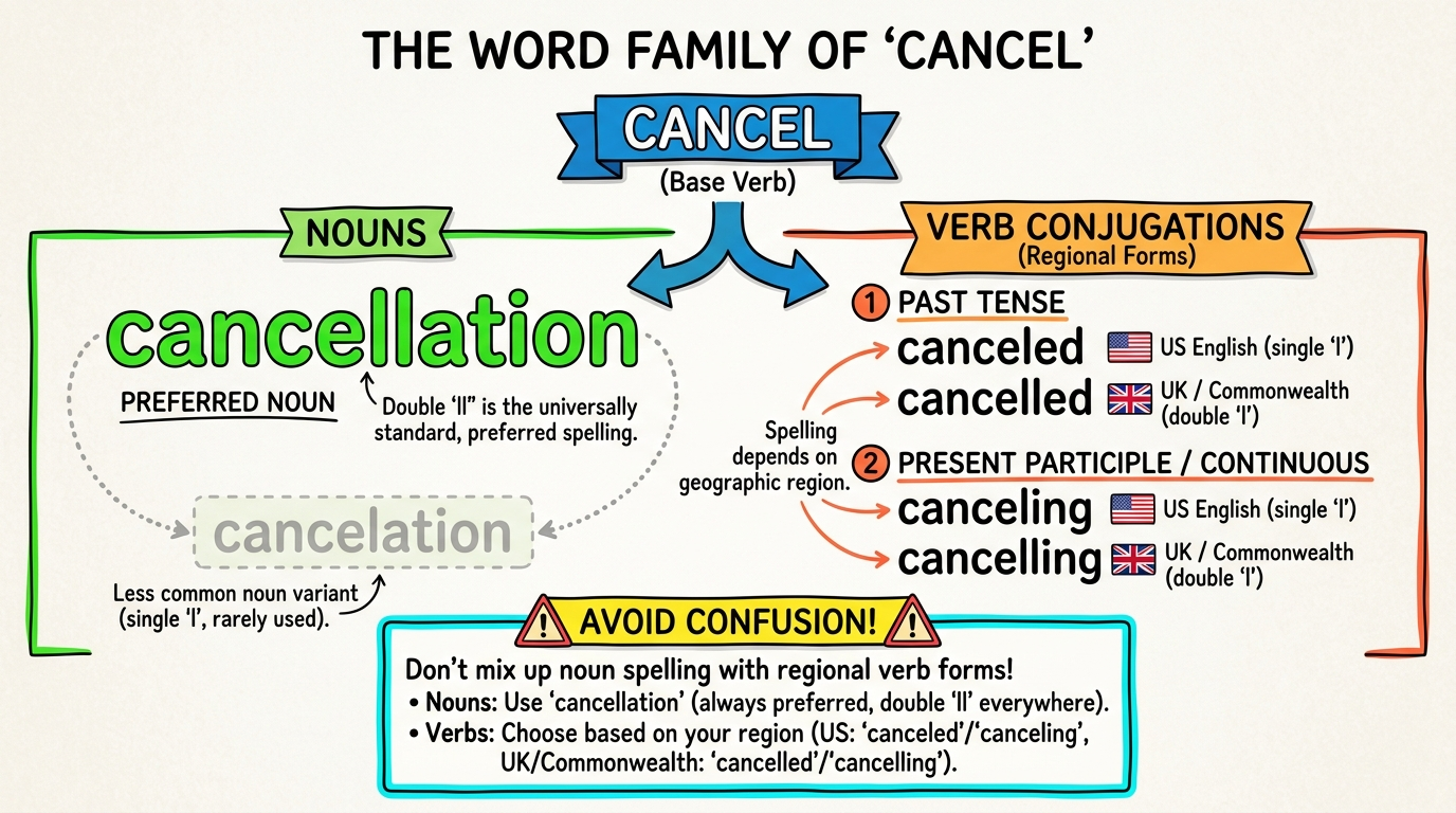 Word-family diagram comparing cancel, cancellation, cancelation, canceled, cancelled, canceling, and cancelling.