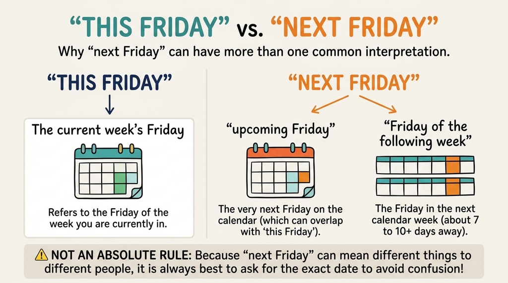 Comparison diagram showing the usual meaning of this Friday and the two common meanings of next Friday.