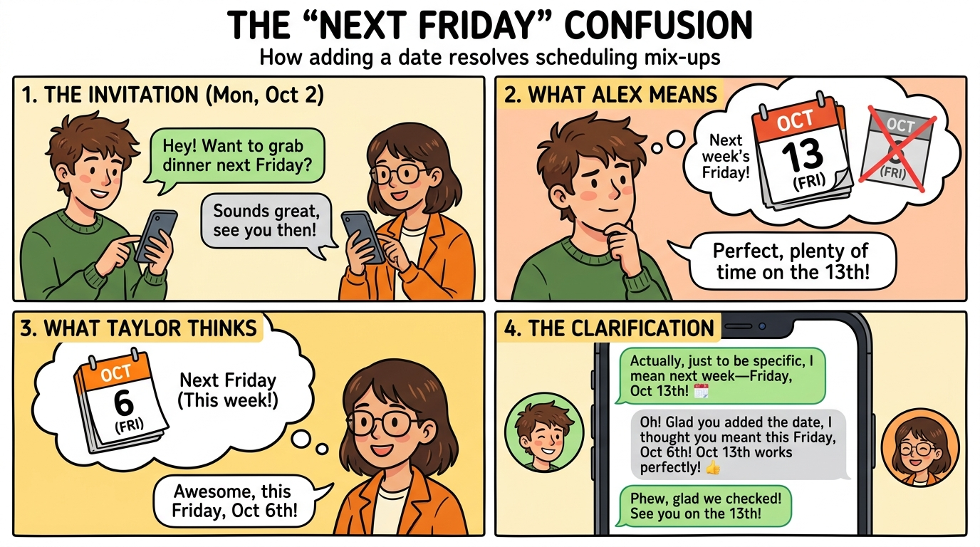 Example text conversation showing how specifying a calendar date prevents confusion about next Friday.