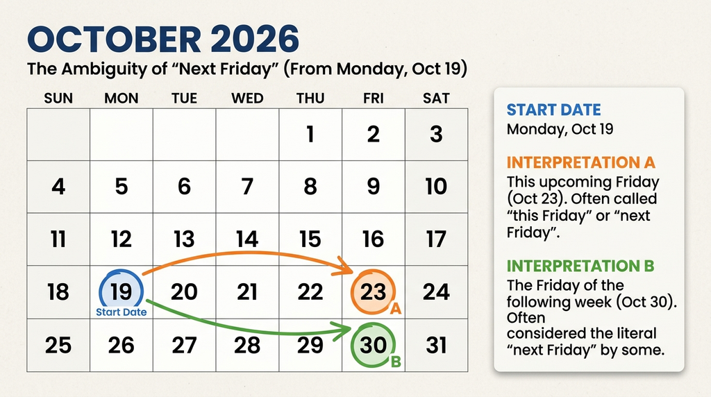 October 2026 calendar highlighting October 23 as the upcoming Friday and October 30 as the following Friday.