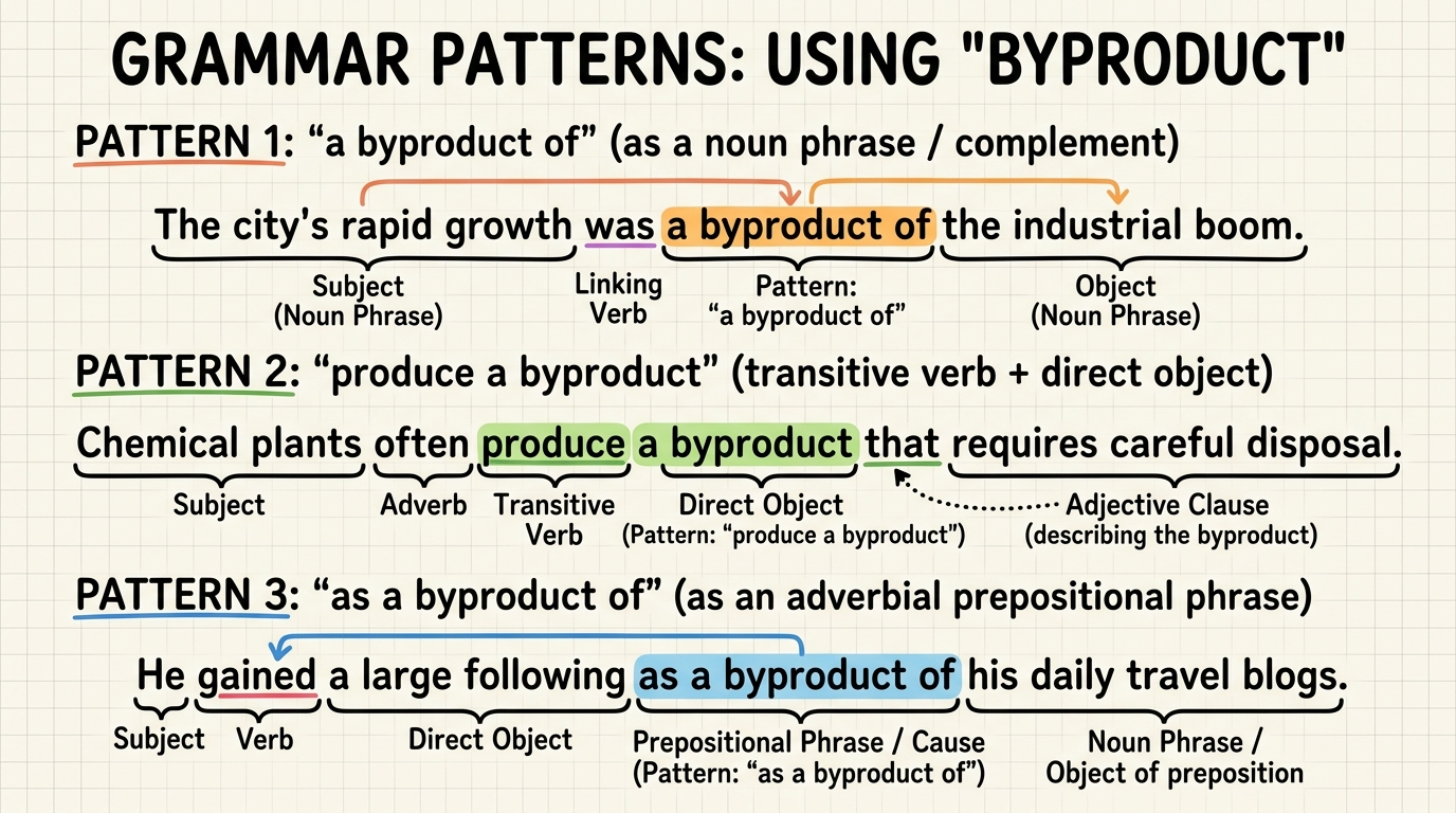 Three sentence patterns demonstrating the correct grammatical use of byproduct.