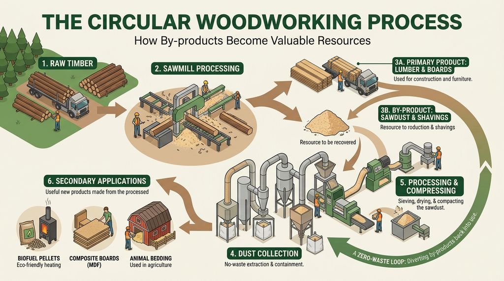 Circular diagram showing sawdust collected as a woodworking byproduct and reused as a secondary material.