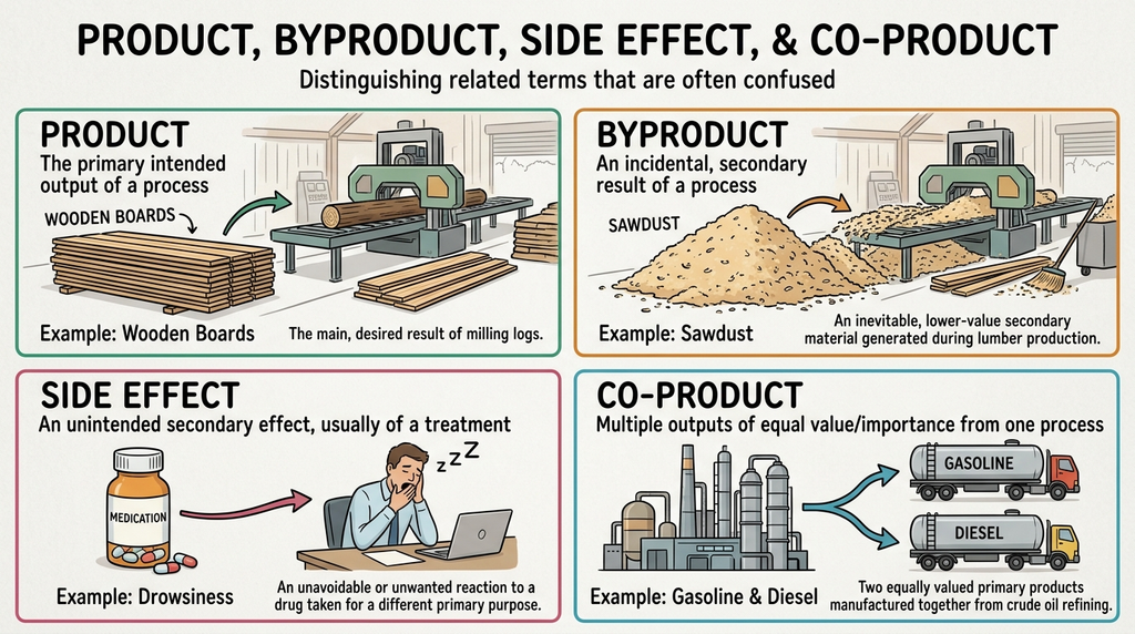 Comparison of a main product, a secondary byproduct, a side effect, and a co-product.
