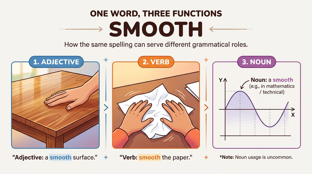 Three-part diagram illustrating smooth as an adjective, a verb, and a less common noun.