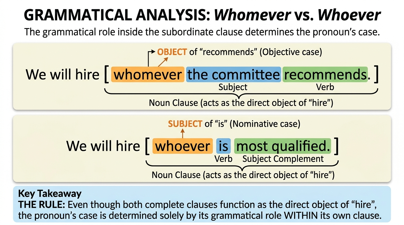 Annotated sentences comparing whomever as the object of recommends with whoever as the subject of is.