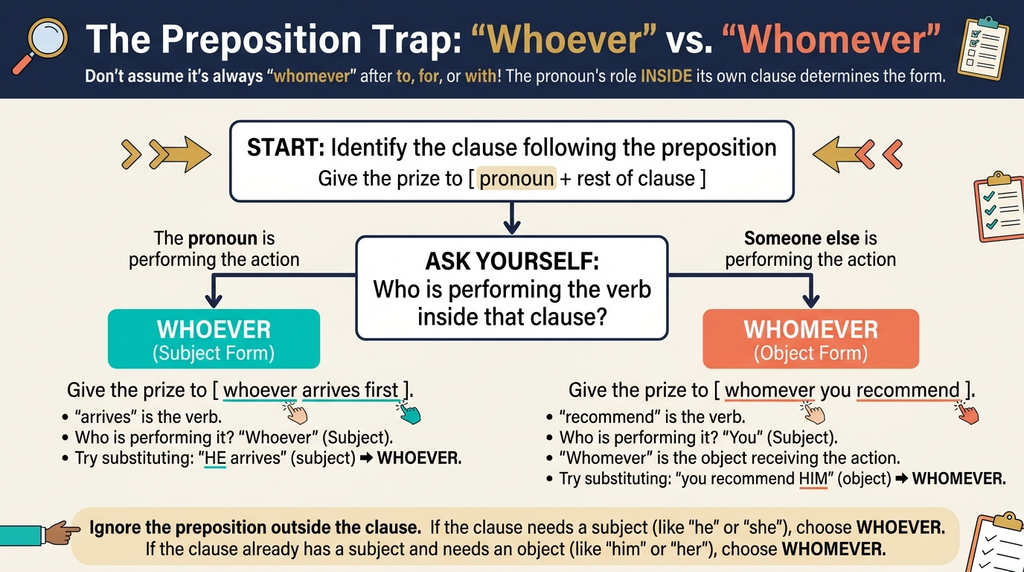 Decision diagram showing how to choose whoever or whomever after a preposition by examining the clause.