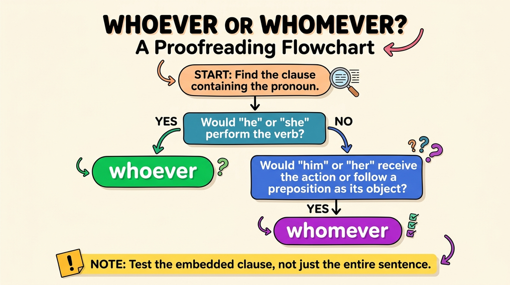 Flowchart using he or him to decide whether whoever or whomever fits a sentence.