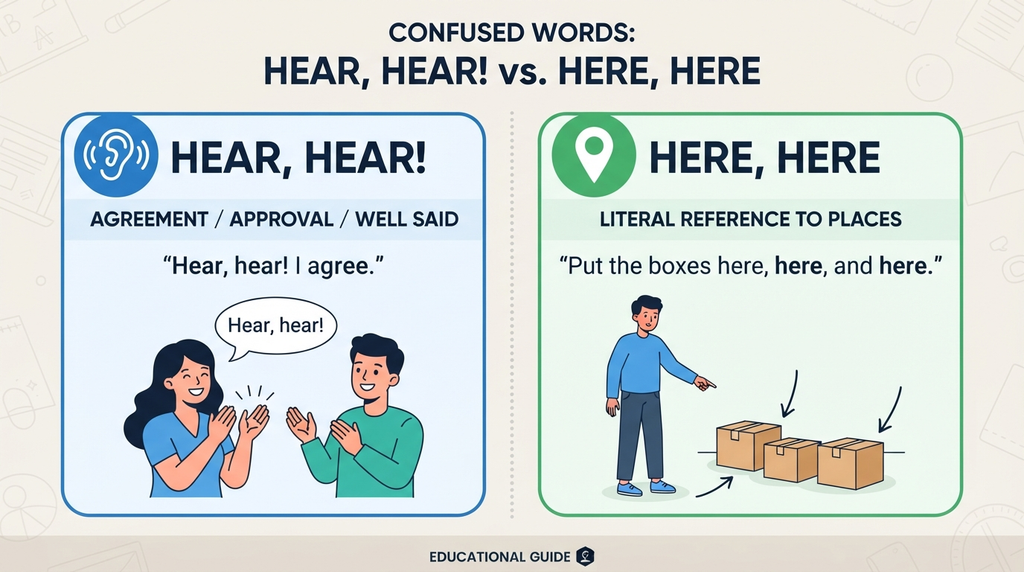 Comparison of “hear, hear” for agreement and “here, here” for referring to places