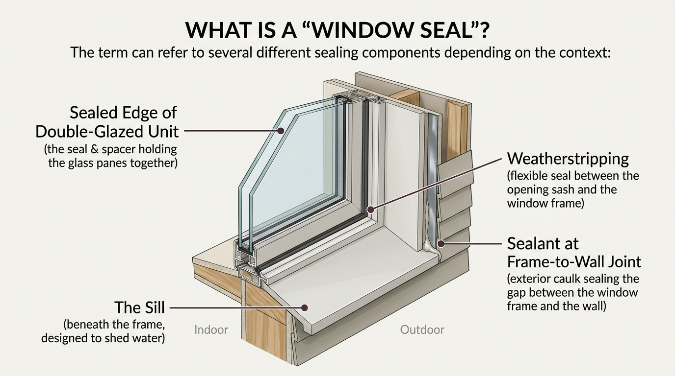 Cutaway window diagram identifying the sill, weatherstripping, frame sealant, and double-glazing edge seal.