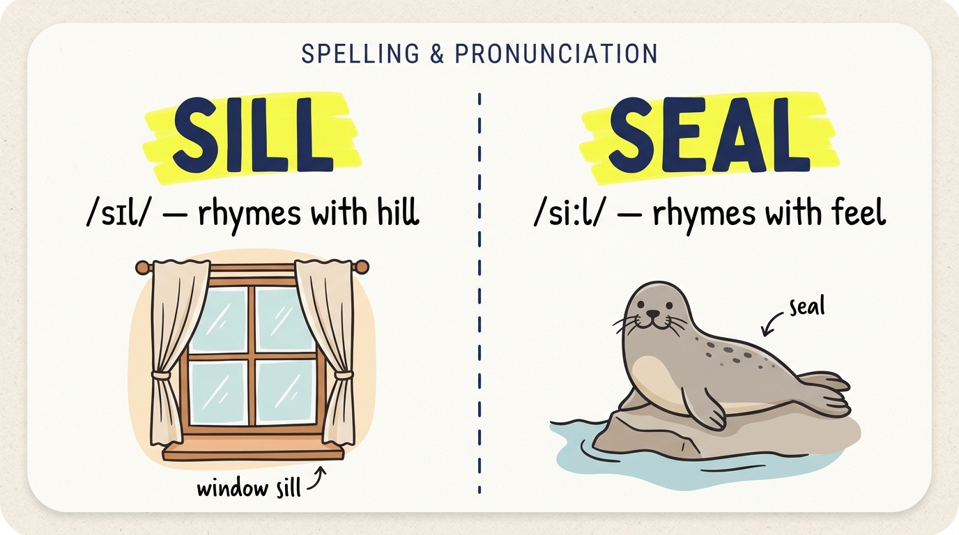 Pronunciation guide comparing sill, which rhymes with hill, and seal, which rhymes with feel.