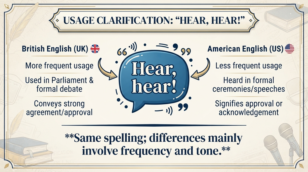 British and American English comparison showing the same spelling of “hear, hear”