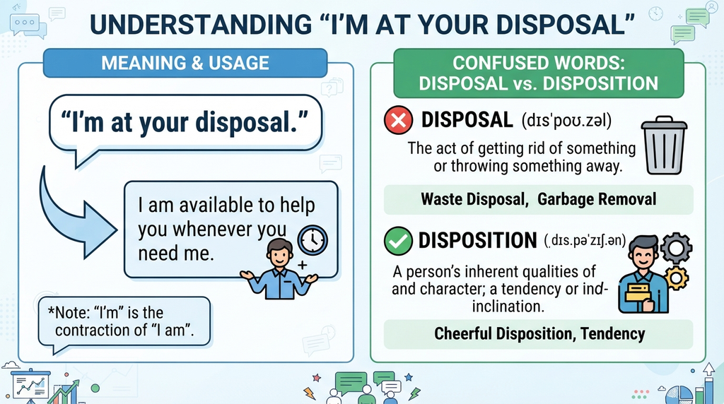 Comparison showing the meaning and correct form of “I’m at your disposal.”