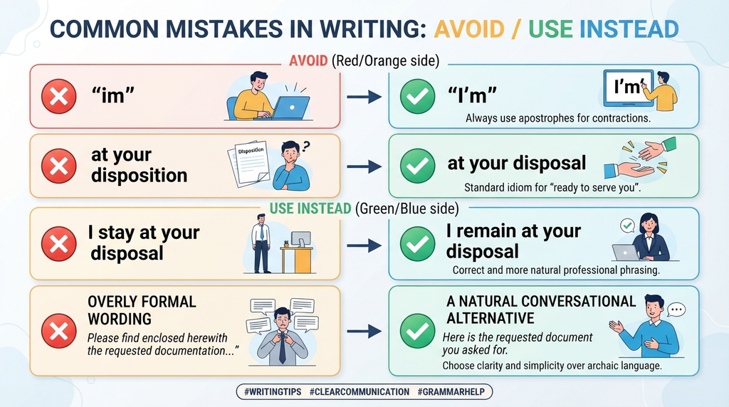 Common mistakes with “I’m at your disposal” and their corrected alternatives.