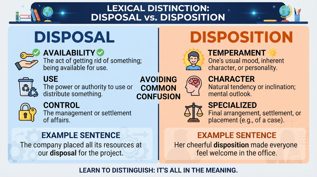Side-by-side explanation of disposal and disposition with example sentences.