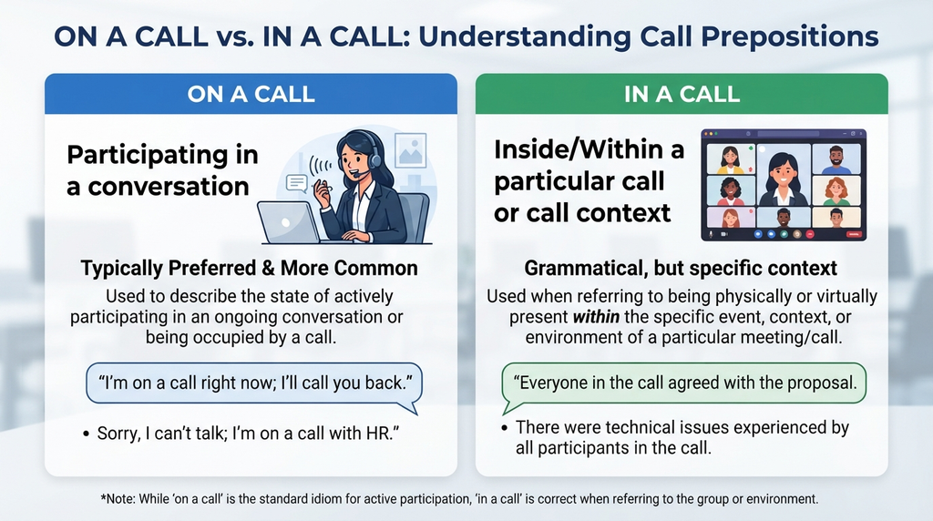Comparison of “on a call” and “in a call” with example sentences and their meanings.
