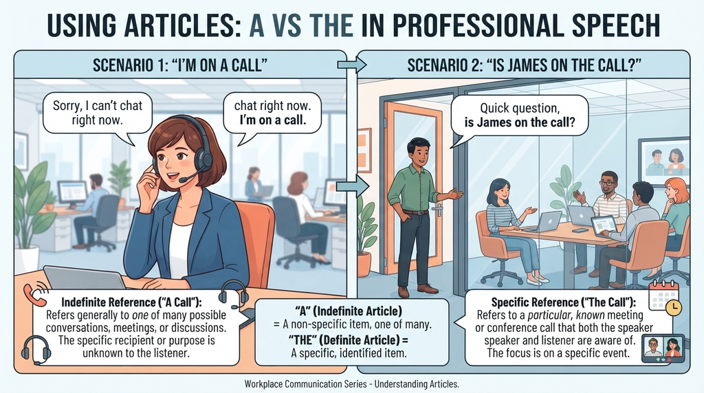 Workplace call example comparing “on a call” with “on the call.”