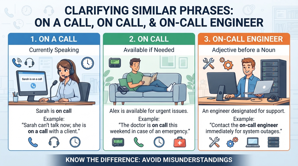 Comparison showing the meanings and spelling of “on a call,” “on call,” and “on-call.”