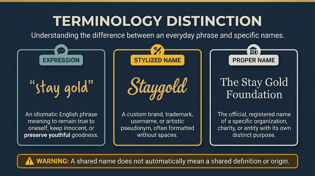 A comparison showing the difference between the expression stay gold, a stylized name, and an organization name.