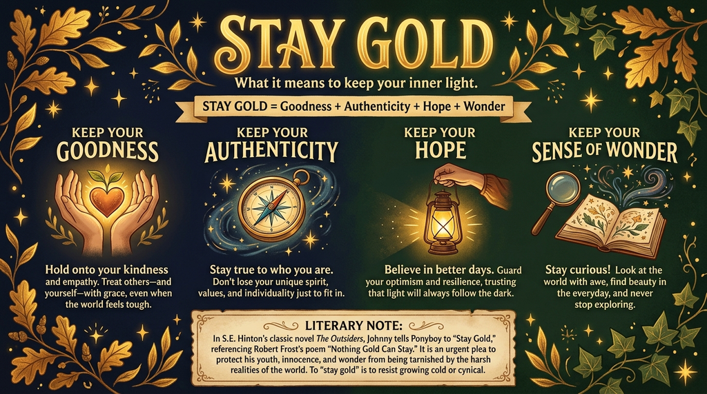 Summary graphic explaining stay gold as preserving goodness, authenticity, hope, and a sense of wonder.