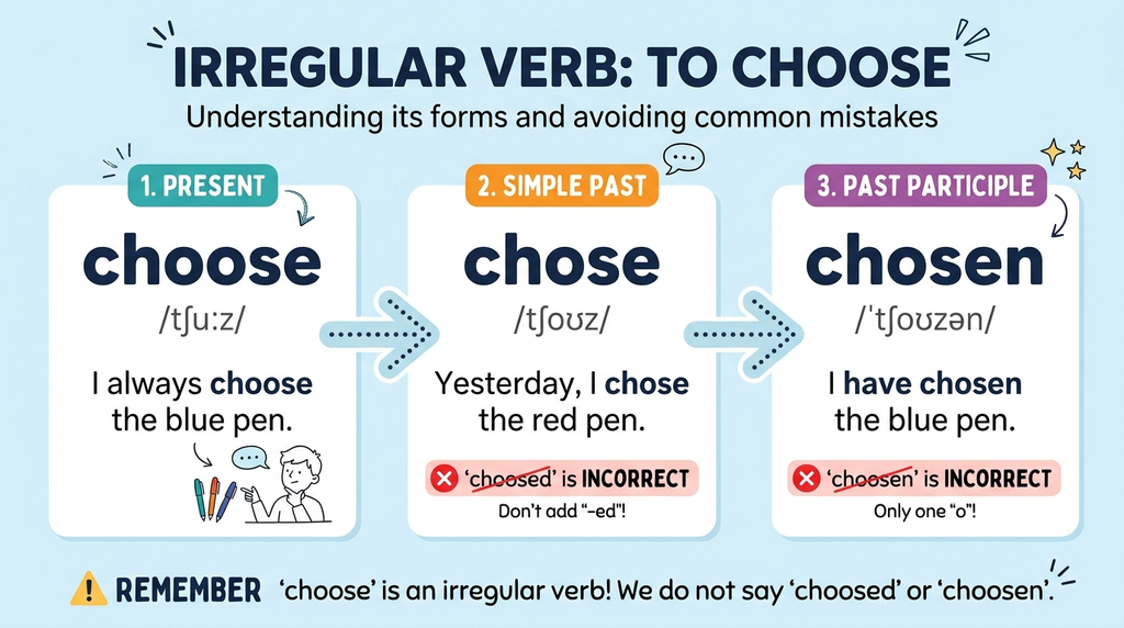 A verb timeline showing choose, chose, and chosen with their grammatical forms and pronunciations.