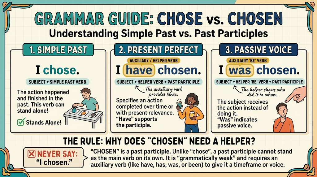 An annotated grammar comparison of chose and chosen in past and perfect sentences.