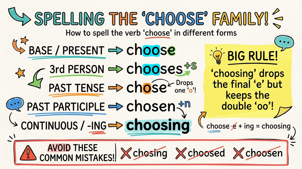 A spelling chart showing the main forms of the verb choose and the changes made in each form.