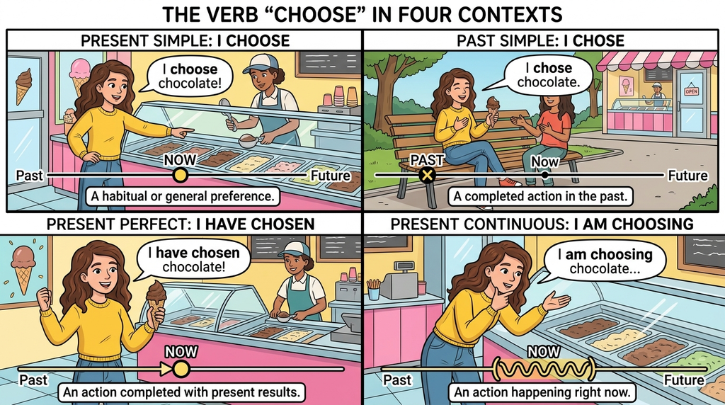Four everyday examples showing choose, chose, chosen, and choosing in different grammatical contexts.