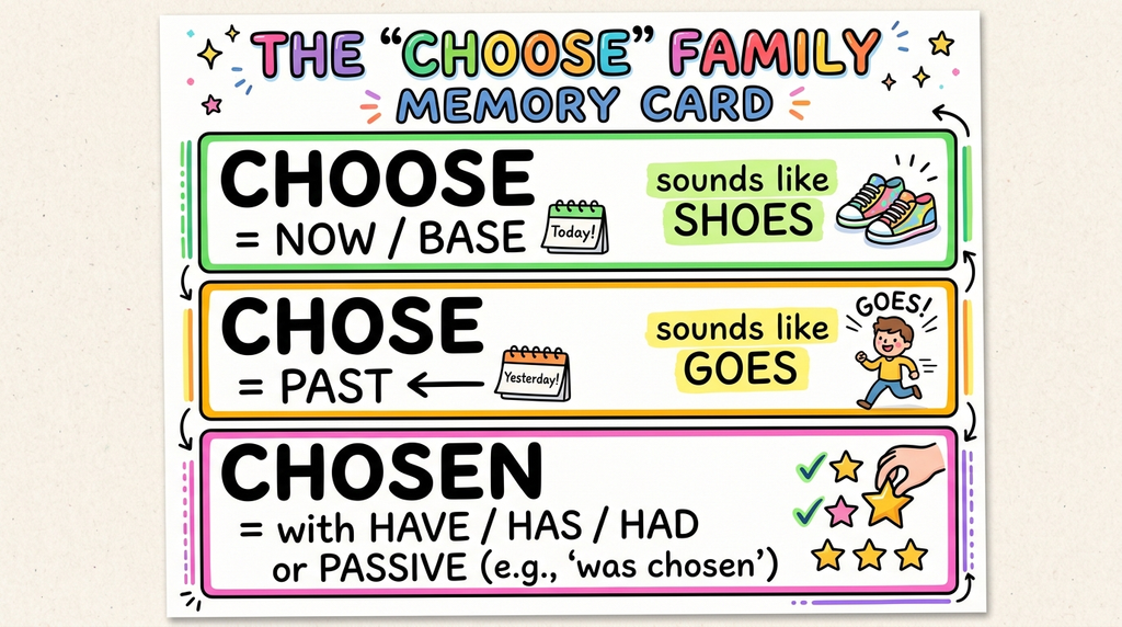 A memory guide summarizing the forms, pronunciation, and grammatical uses of choose, chose, and chosen.